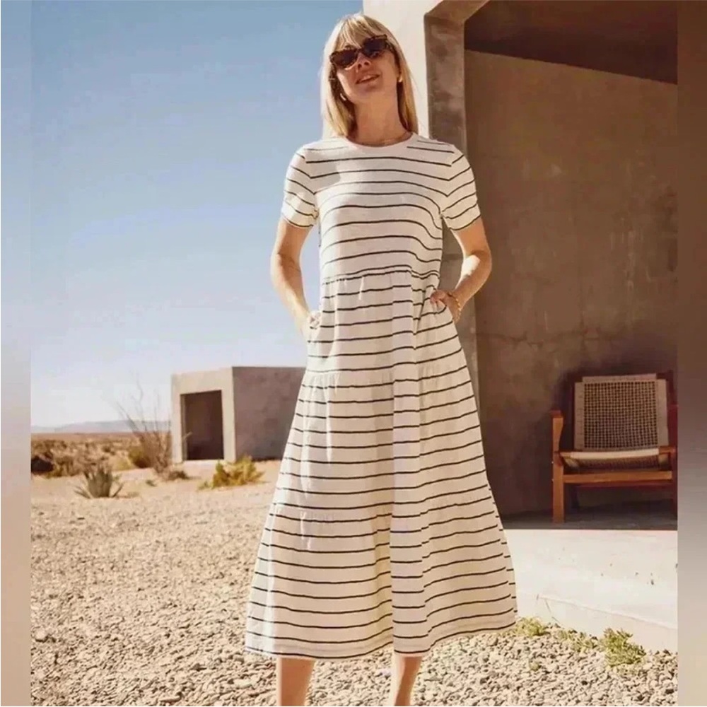 Marine Layer Womens XS Vintage Slub Tiered Midi Dress Antique White w Pockets